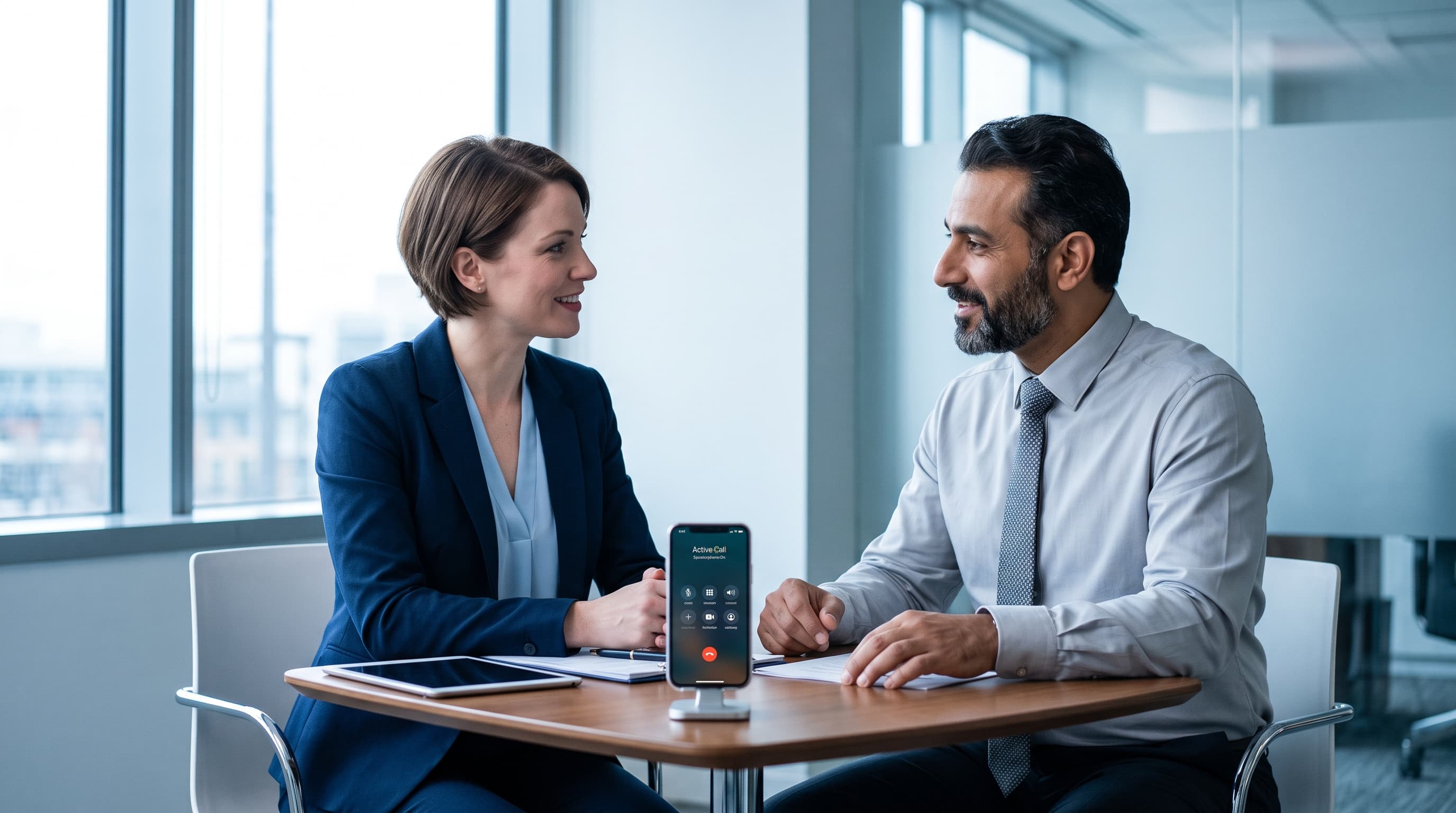 A professional and a client speaking together with live translation on speakerphone